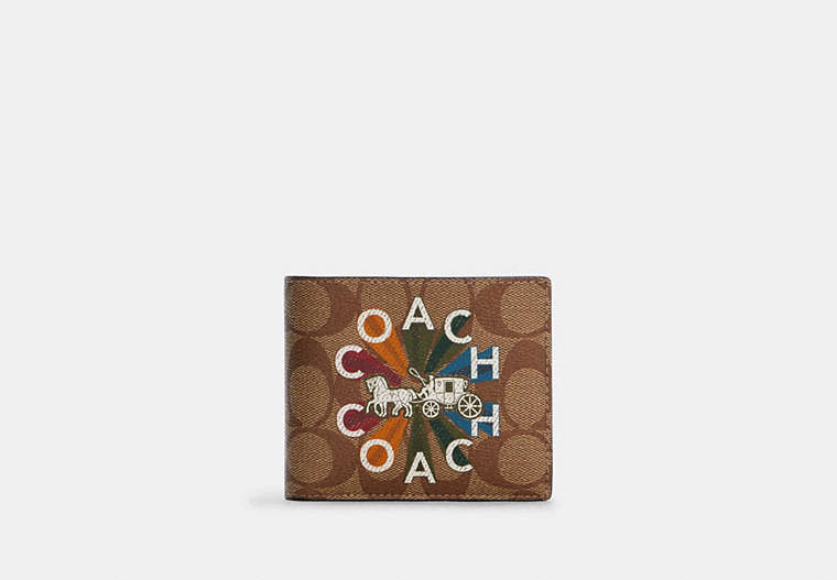 COACH®,3-IN-1 WALLET IN SIGNATURE CANVAS WITH COACH RADIAL RAINBOW,Gunmetal/Khaki Multi,Front View