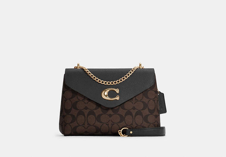 COACH®,TAMMIE SHOULDER BAG IN SIGNATURE CANVAS,Signature Coated Canvas/Smooth Leather,Medium,Gold/Brown Black,Front View