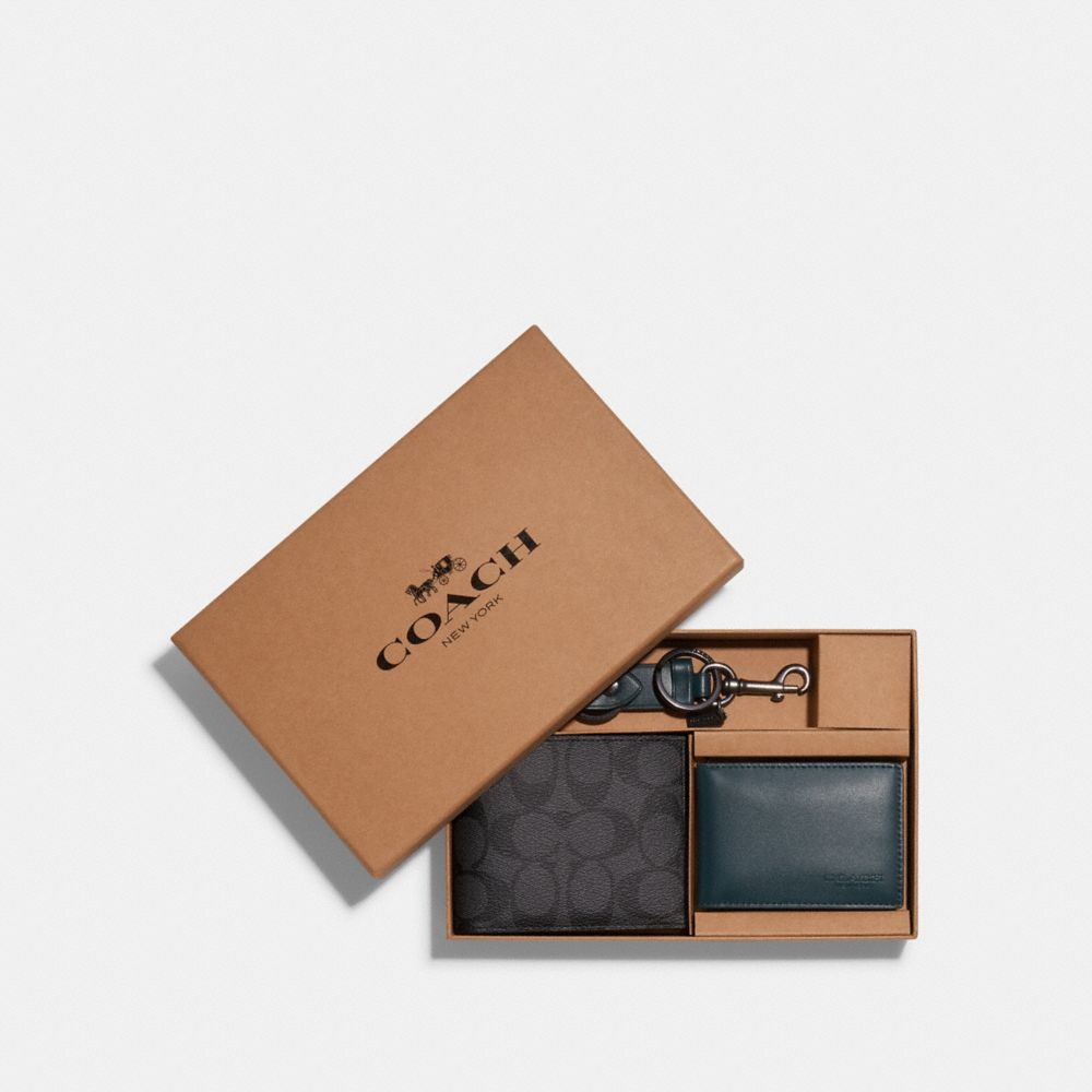 COACH®,BOXED 3-IN-1 WALLET GIFT SET IN COLORBLOCK SIGNATURE CANVAS,QB/Charcoal/Forest,Front View image number 0
