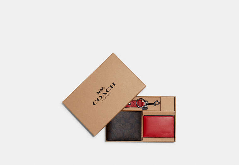COACH®,BOXED 3-IN-1 WALLET GIFT SET IN COLORBLOCK SIGNATURE CANVAS,Gunmetal/Mahogany/Bright Cardinal,Front View