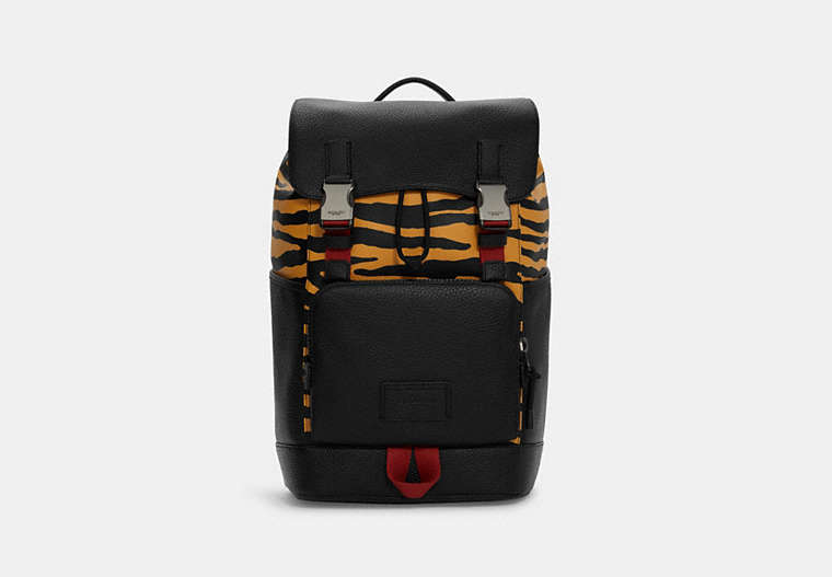 COACH®,TRACK BACKPACK WITH TIGER PRINT,Large,Gunmetal/Honey Black Multi,Front View