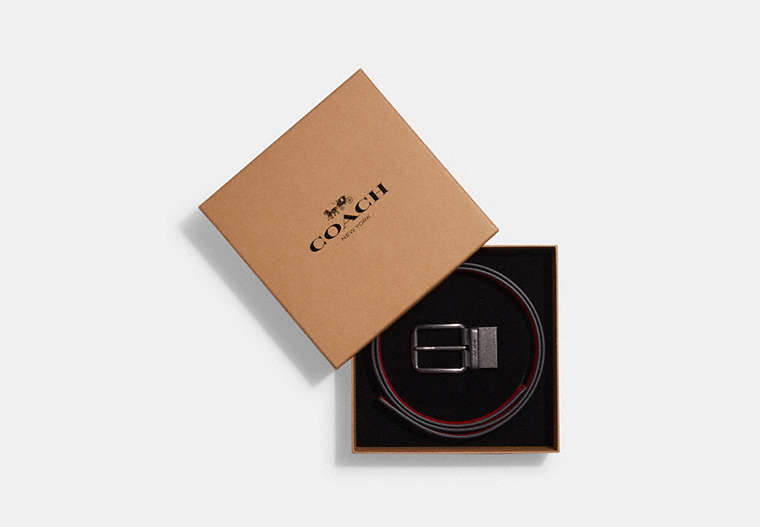COACH®,BOXED PLAQUE AND HARNESS BUCKLE CUT-TO-SIZE REVERSIBLE BELT, 38MM,Signature Coated Canvas,Gunmetal/Mahogany/Bright Cardinal,Front View