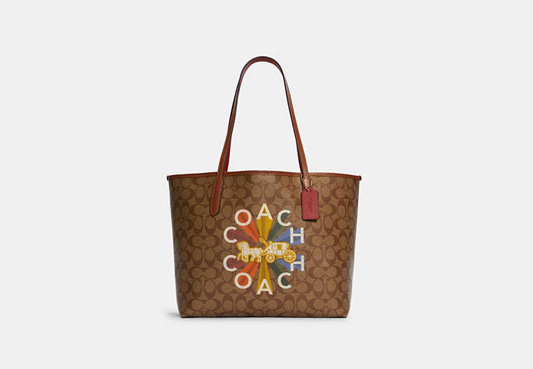 COACH®,CITY TOTE BAG IN SIGNATURE CANVAS WITH COACH RADIAL RAINBOW,n/a,X-Large,Gold/Khaki Multi,Front View image number 0