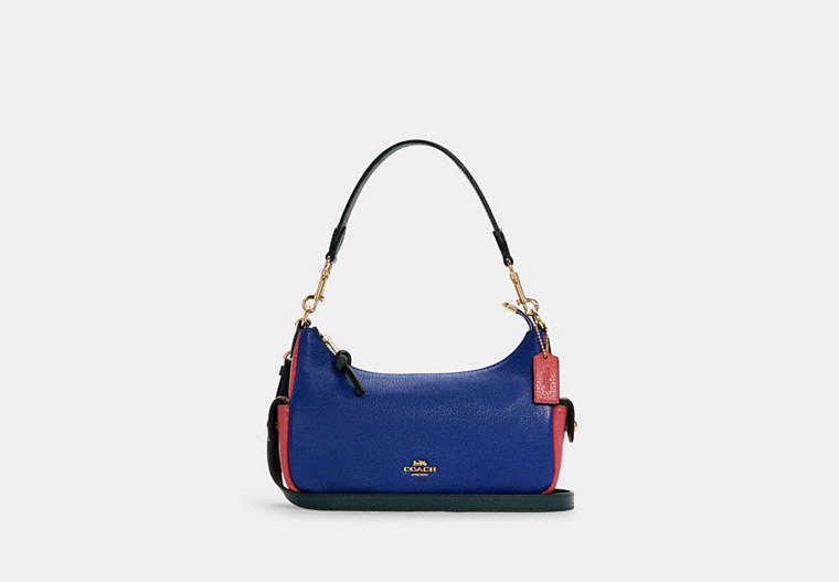 COACH®,PENNIE SHOULDER BAG 25 IN COLORBLOCK,Pebble Leather,Medium,Gold/Sport Blue Multi,Front View