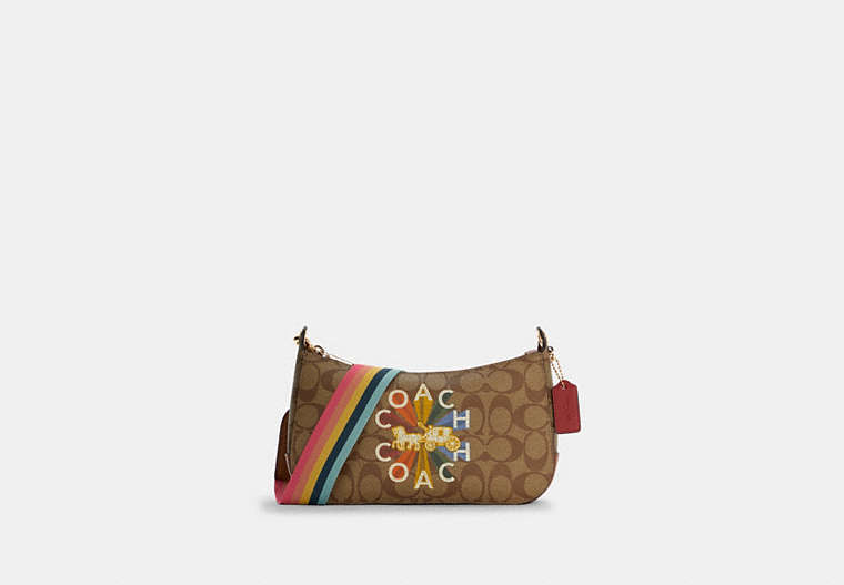COACH®,JES BAGUETTE IN SIGNATURE CANVAS WITH COACH RADIAL RAINBOW,Signature Coated Canvas/Smooth Leather,Small,Gold/Khaki Multi,Front View