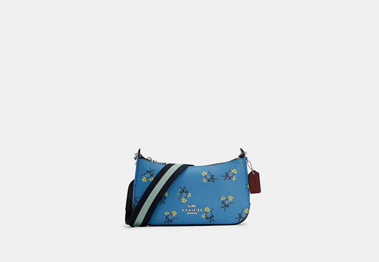 COACH®,JES BAGUETTE WITH FLORAL BOW PRINT,Canvas/Smooth Leather,Small,Silver/Blue Multi,Front View