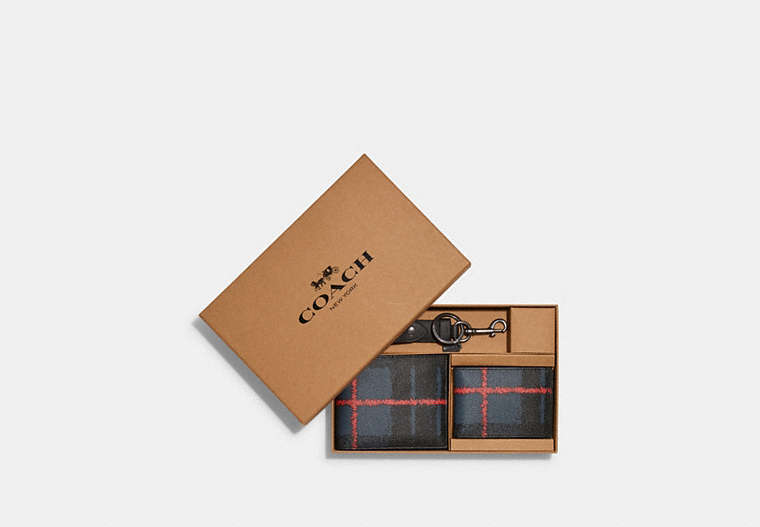 COACH®,BOXED 3-IN-1 WALLET GIFT SET WITH WINDOW PANE PLAID PRINT,n/a,Gunmetal/Navy Multi,Front View