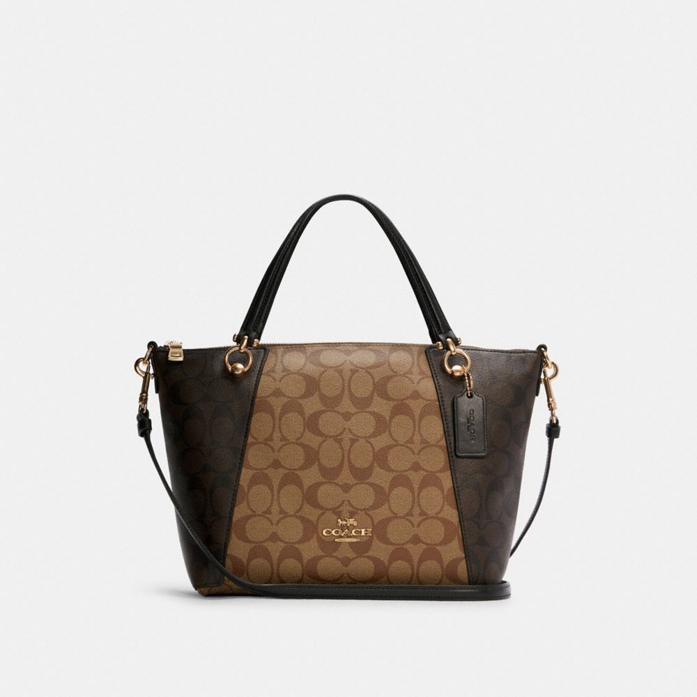 COACH®,KACEY SATCHEL BAG IN BLOCKED SIGNATURE CANVAS,Signature Canvas,Large,Gold/Khaki Brown Multi,Front View