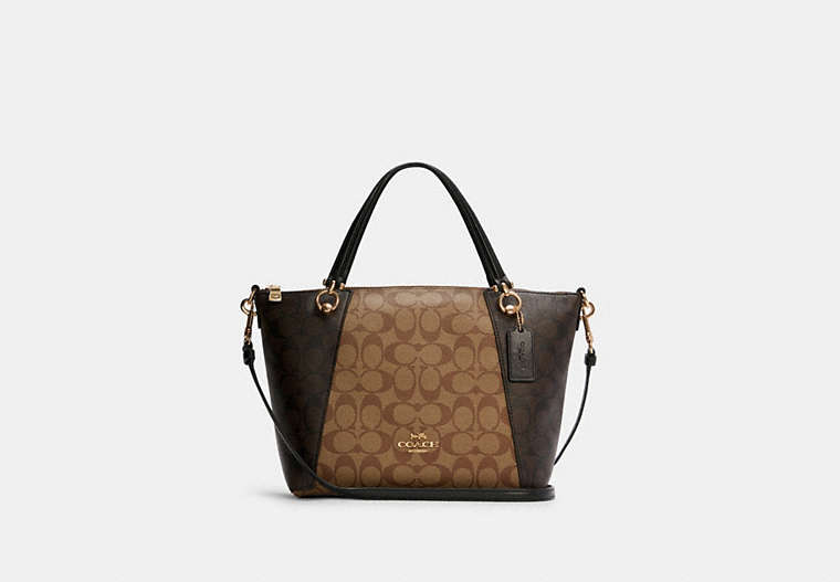 COACH®,KACEY SATCHEL IN BLOCKED SIGNATURE CANVAS,Signature Coated Canvas/Smooth Leather,Large,Gold/Khaki Brown Multi,Front View image number 0