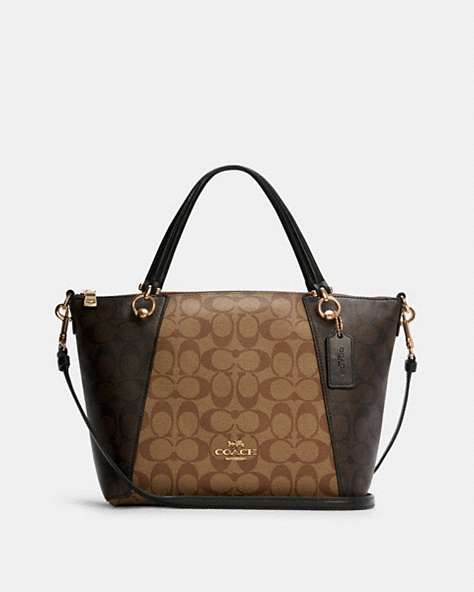 COACH®,KACEY SATCHEL BAG IN BLOCKED SIGNATURE CANVAS,Signature Coated Canvas/Smooth Leather,Large,Gold/Khaki Brown Multi,Front View