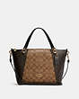COACH®,KACEY SATCHEL IN BLOCKED SIGNATURE CANVAS,Signature Coated Canvas/Smooth Leather,Large,Gold/Khaki Brown Multi,Front View