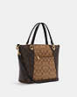 COACH®,KACEY SATCHEL IN BLOCKED SIGNATURE CANVAS,Signature Coated Canvas/Smooth Leather,Large,Gold/Khaki Brown Multi,Angle View