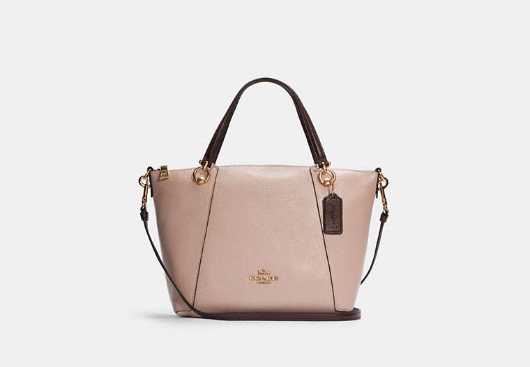 COACH®,KACEY SATCHEL BAG,Smooth Leather,Medium,Gold/Washed Mauve/Cranberry,Front View