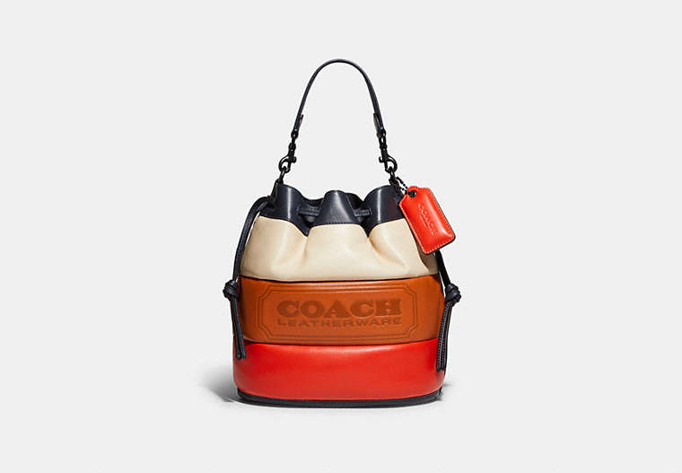 COACH®,FIELD BUCKET BAG WITH COLORBLOCK QUILTING AND COACH BADGE,Smooth Leather,Medium,Pewter/Multi,Front View