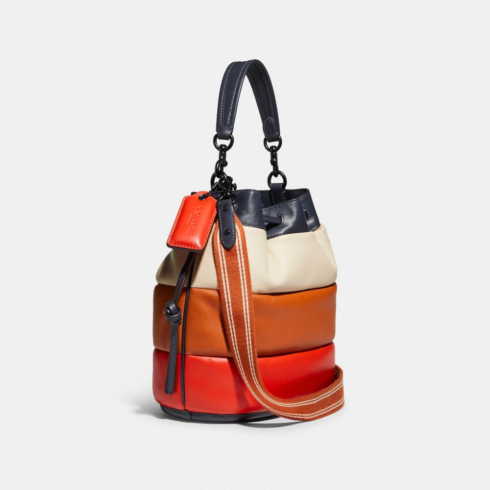 COACH®,FIELD BUCKET BAG WITH COLORBLOCK QUILTING AND COACH BADGE,Smooth Leather,Medium,Pewter/Multi,Angle View