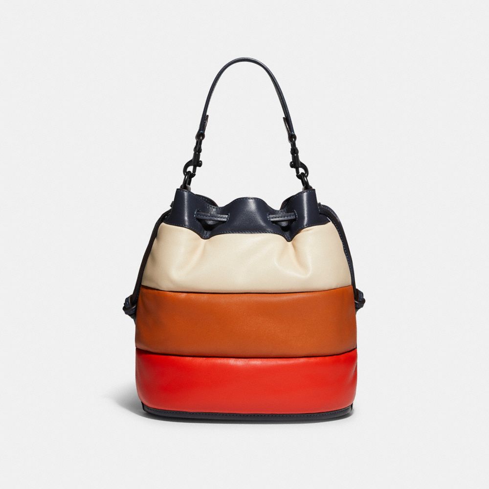 COACH®,FIELD BUCKET BAG WITH COLORBLOCK QUILTING AND COACH BADGE,Smooth Leather,Medium,Pewter/Multi,Back View