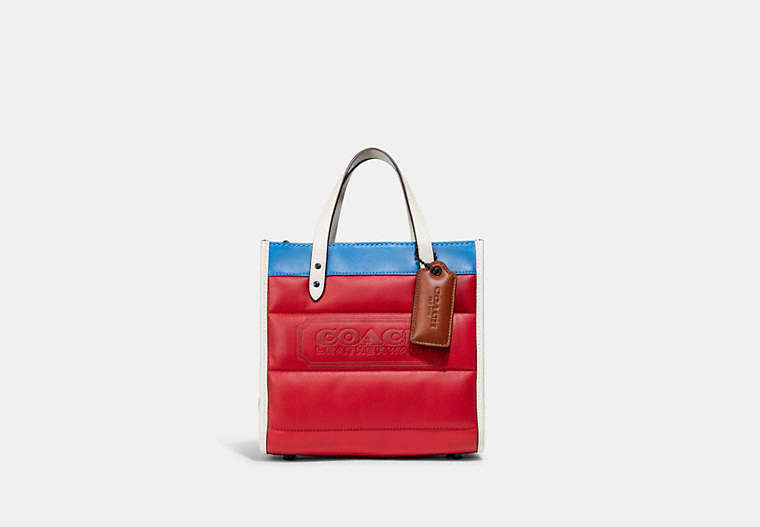 COACH®,FIELD TOTE 22 WITH COLORBLOCK QUILTING AND COACH BADGE,Smooth Leather,Medium,Pewter/Candy Apple Multi,Front View