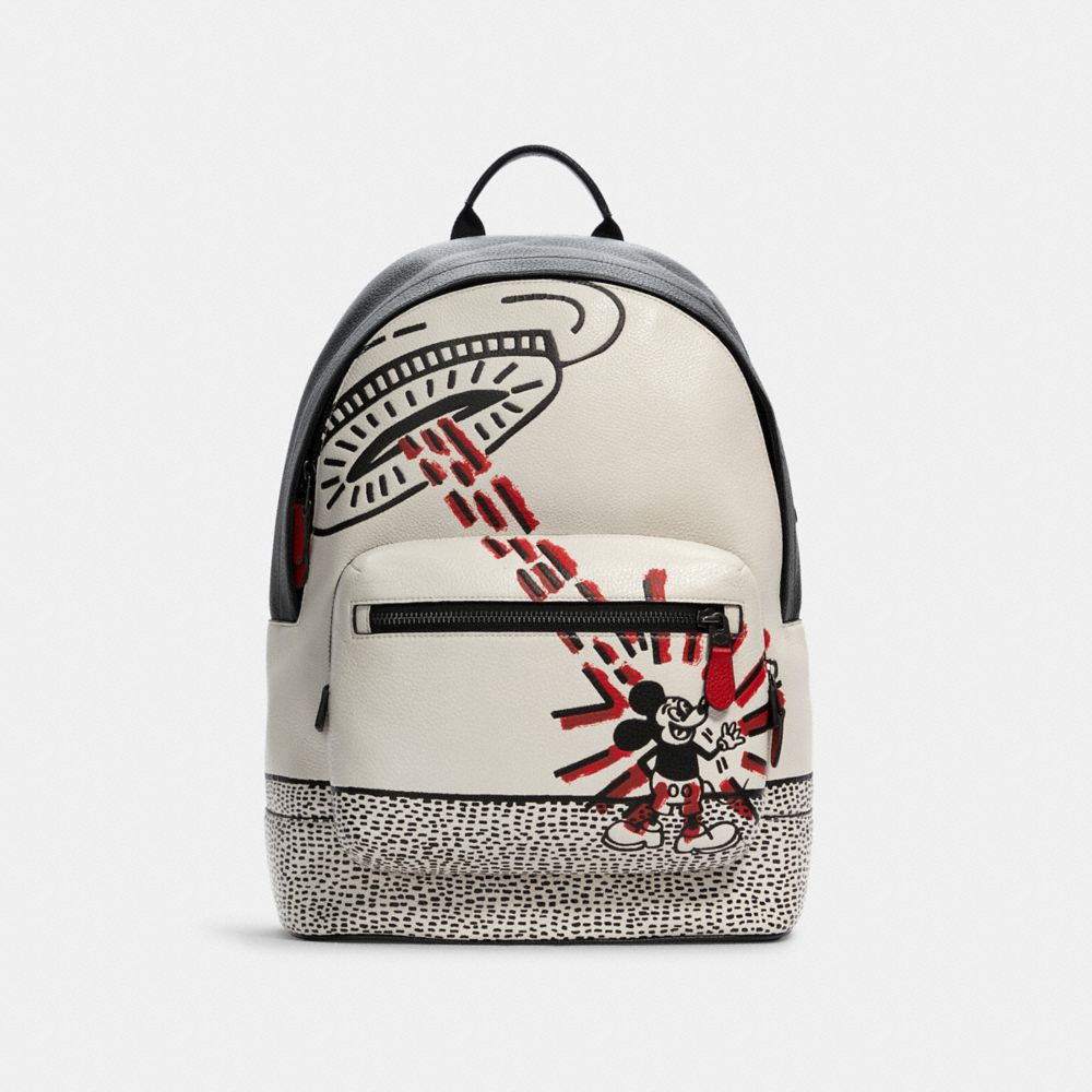 COACH®,DISNEY MICKEY MOUSE X KEITH HARING WEST BACKPACK,X-Large,Gunmetal/Chalk Multi,Front View