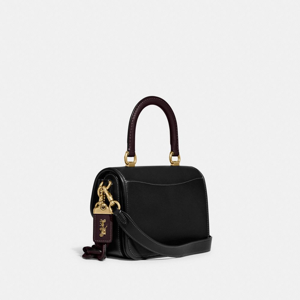 COACH®,ROGUE TOP HANDLE BAG IN COLORBLOCK,Glovetan Leather,Small,Brass/Black Multi,Angle View