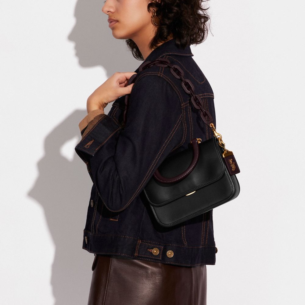 COACH®,Rogue Top Handle Bag In Colorblock,Satchel,Chain Detail,Logo,Metal,Embossed,Pen Holder,Day Party,Black,Detail View