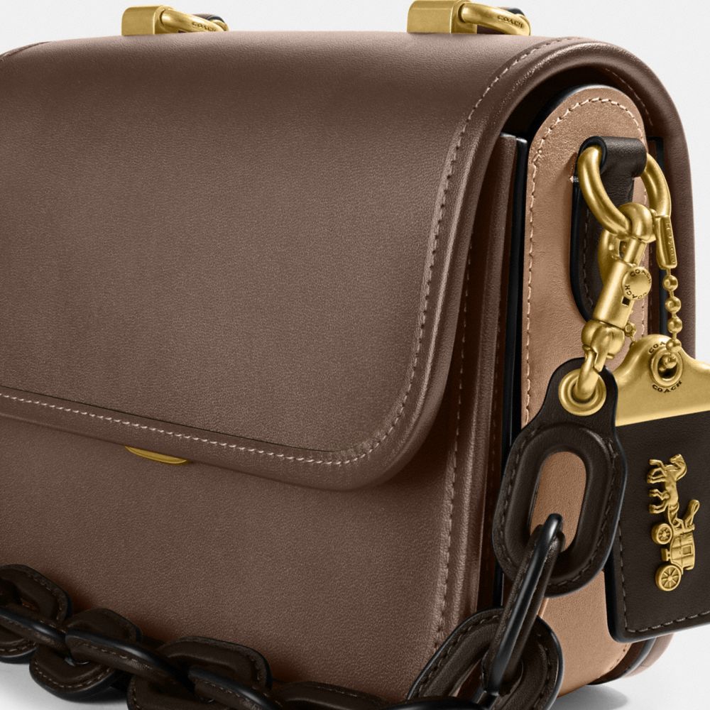 COACH®,Rogue Top Handle Bag In Colorblock,Satchel,Chain Detail,Logo,Metal,Embossed,Pen Holder,Day Party,Brown,Closer View