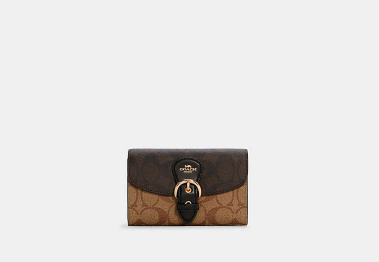 COACH®,KLEO WALLET IN BLOCKED SIGNATURE CANVAS,Signature Coated Canvas,Mini,Gold/Khaki Brown Multi,Front View