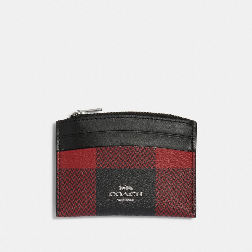 COACH®,SHAPED CARD CASE WITH BUFFALO PLAID PRINT,pvc,Silver/Black Red Multi,Front View