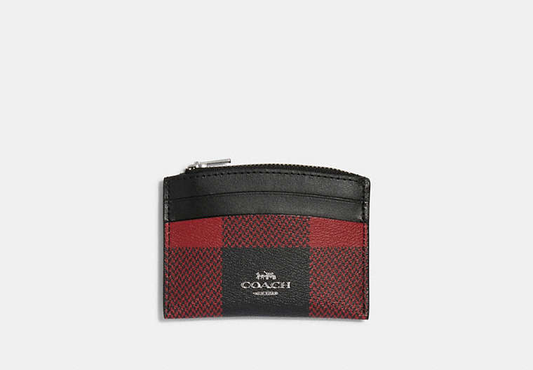 COACH®,SHAPED CARD CASE WITH BUFFALO PLAID PRINT,pvc,Silver/Black Red Multi,Front View