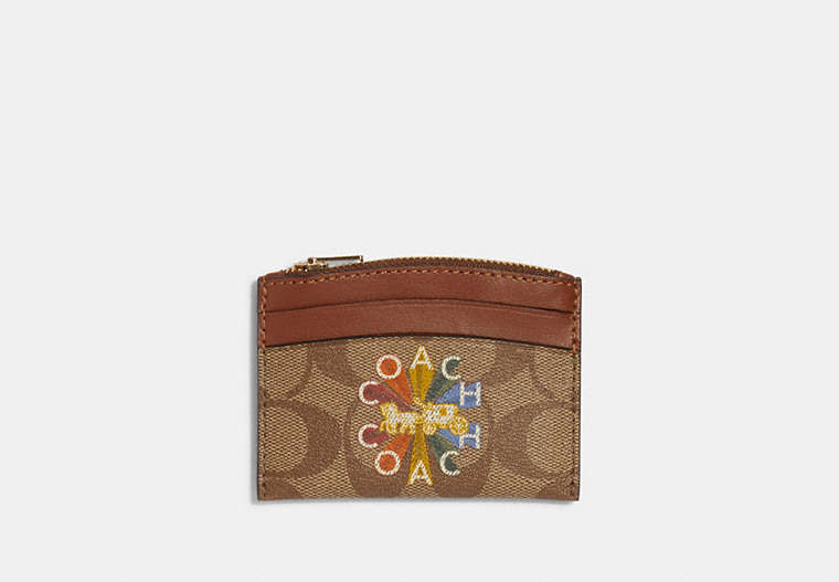 COACH®,SHAPED CARD CASE IN SIGNATURE CANVAS WITH COACH RADIAL RAINBOW,pvc,Gold/Khaki Multi,Front View image number 0
