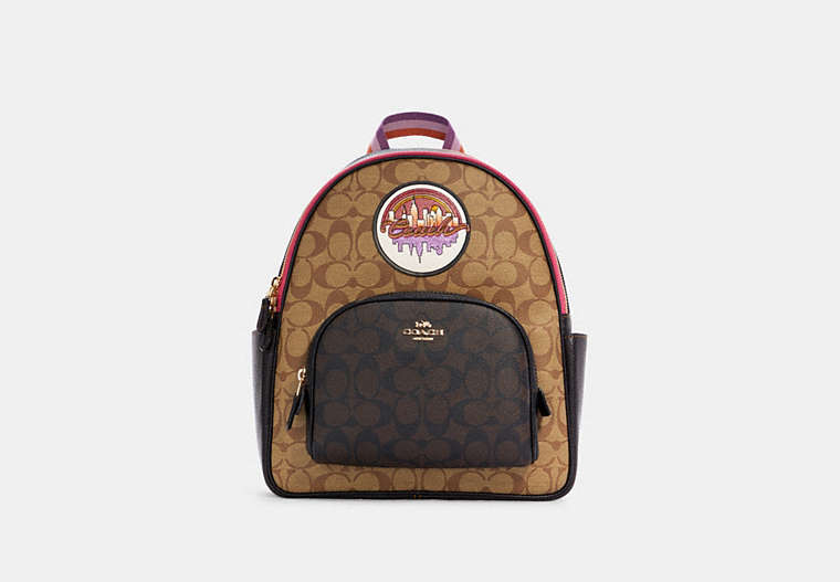 COACH®,COURT BACKPACK IN BLOCKED SIGNATURE CANVAS WITH SOUVENIR PATCHES,X-Large,Gold/Khaki Brown Multi,Front View