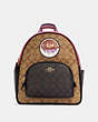 COACH®,COURT BACKPACK IN BLOCKED SIGNATURE CANVAS WITH SOUVENIR PATCHES,X-Large,Gold/Khaki Brown Multi,Front View