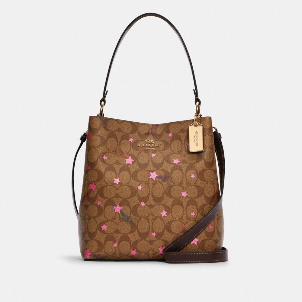 COACH®,TOWN BUCKET BAG IN SIGNATURE CANVAS WITH DISCO STAR PRINT,Large,Gold/Khaki Multi,Front View