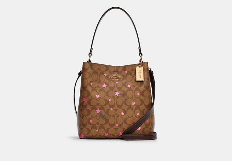COACH®,TOWN BUCKET BAG IN SIGNATURE CANVAS WITH DISCO STAR PRINT,Large,Gold/Khaki Multi,Front View