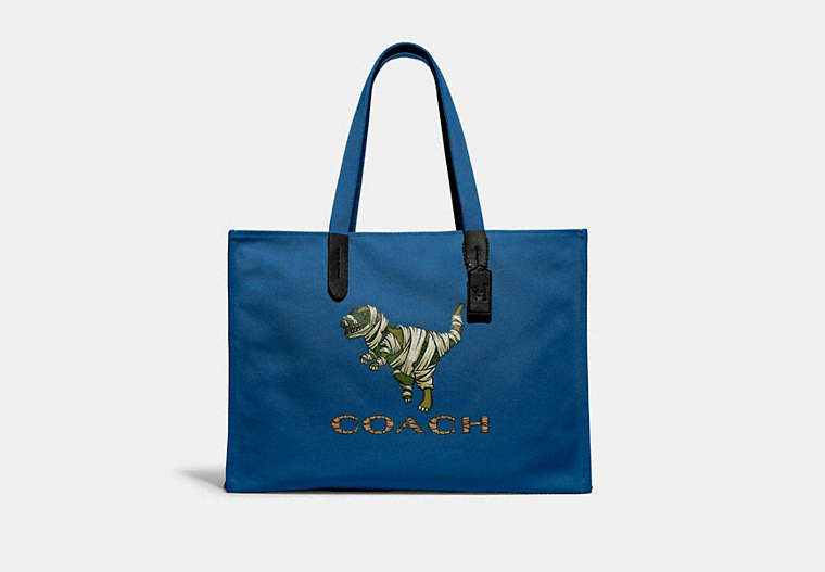 COACH®,COACH X MICHAEL B. JORDAN CANVAS TOTE 42 WITH MUMMIFIED REXY,Recycled Canvas/Recycled Leather,X-Large,JI/Blue,Front View