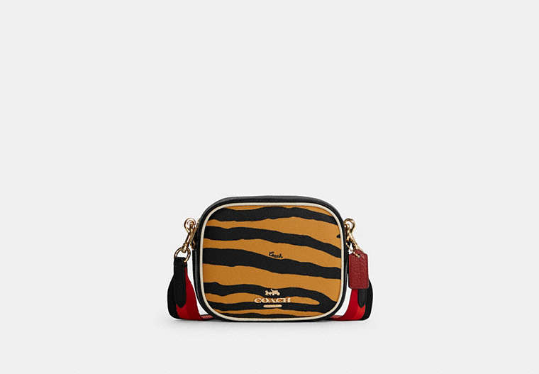 COACH®,MINI DEMPSEY CAMERA BAG WITH TIGER PRINT,Gold/Honey/Black Multi,Front View