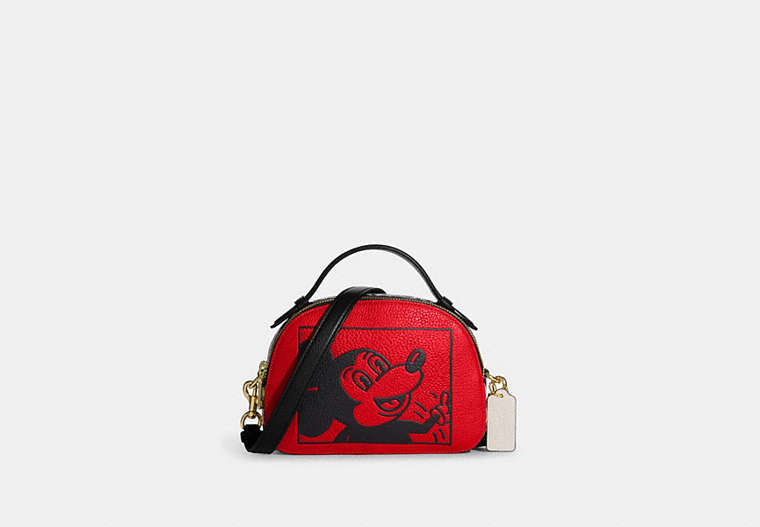 COACH®,DISNEY MICKEY MOUSE X KEITH HARING SERENA SATCHEL,Leather,Small,Gold/Electric Red Multi,Front View