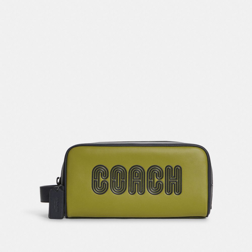 COACH®,LARGE TRAVEL KIT IN COLORBLOCK WITH COACH PATCH,n/a,Medium,Gunmetal/Lime Green Multi,Front View