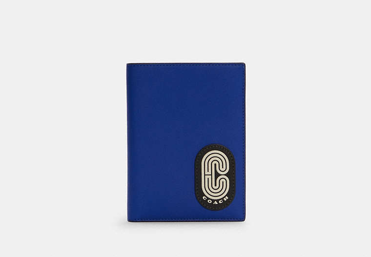 COACH®,PASSPORT CASE WITH COACH PATCH,n/a,Gunmetal/Sport Blue,Front View