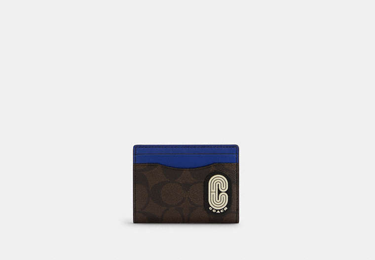 COACH®,MAGNETIC CARD CASE IN COLORBLOCK SIGNATURE CANVAS WITH COACH PATCH,Leather,Mini,QB/Charcoal/Sport Blue Multi,Front View