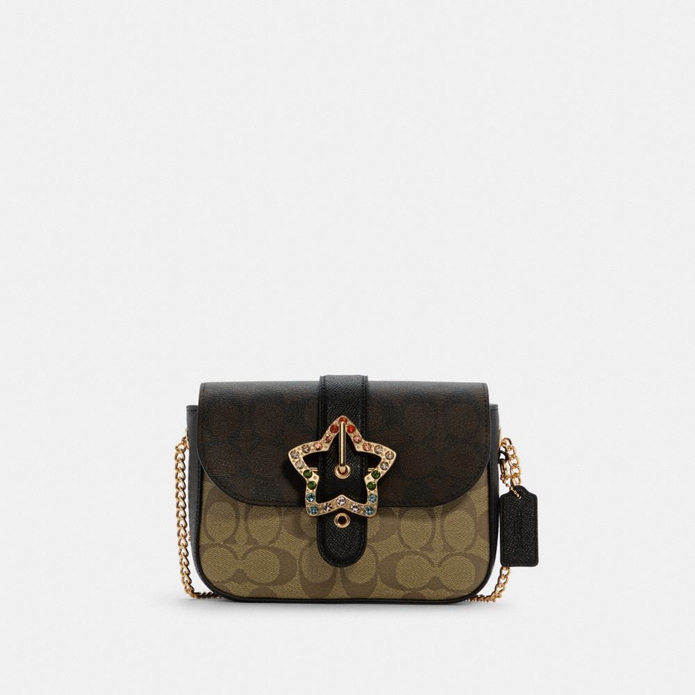 COACH®,GEMMA CROSSBODY BAG IN BLOCKED SIGNATURE CANVAS WITH STAR BUCKLE,Signature Canvas,Small,Gold/Khaki Brown Multi,Front View