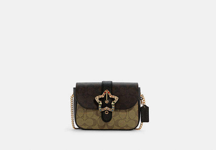 COACH®,GEMMA CROSSBODY IN BLOCKED SIGNATURE CANVAS WITH STAR BUCKLE,Signature,Small,Gold/Khaki Brown Multi,Front View