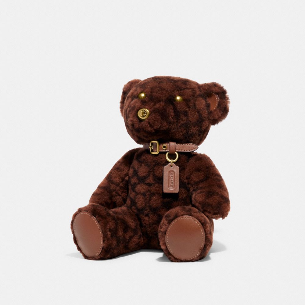 COACH®,OURS DE COLLECTION EN MOUTON RETOURNÉ EXCLUSIF,Mouton retourné/cuir lisse,Laiton/Brun chocolat,Front View