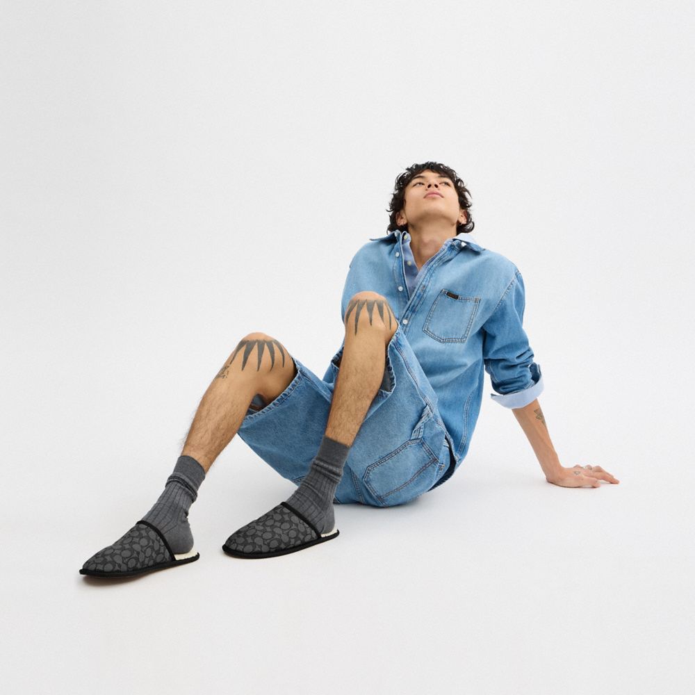 COACH®,Slipper In Signature Jacquard,Lining Shearling,Shearling,Recycled Polyester,Rubber,Slippers,Piping,Logo,Indoor,Multi Color,Detail View