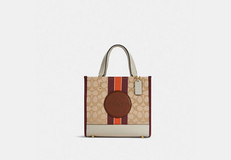 COACH®,DEMPSEY TOTE 22 IN SIGNATURE JACQUARD WITH STRIPE AND COACH PATCH,Jacquard/Leather,Medium,Gold/Light Khaki/Wine Multi,Front View