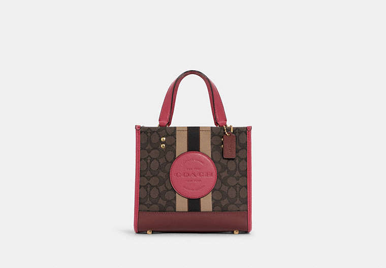 COACH®,DEMPSEY TOTE 22 IN SIGNATURE JACQUARD WITH STRIPE AND COACH PATCH,Jacquard/Leather,Medium,Gold/Brown Strawberry Haze,Front View