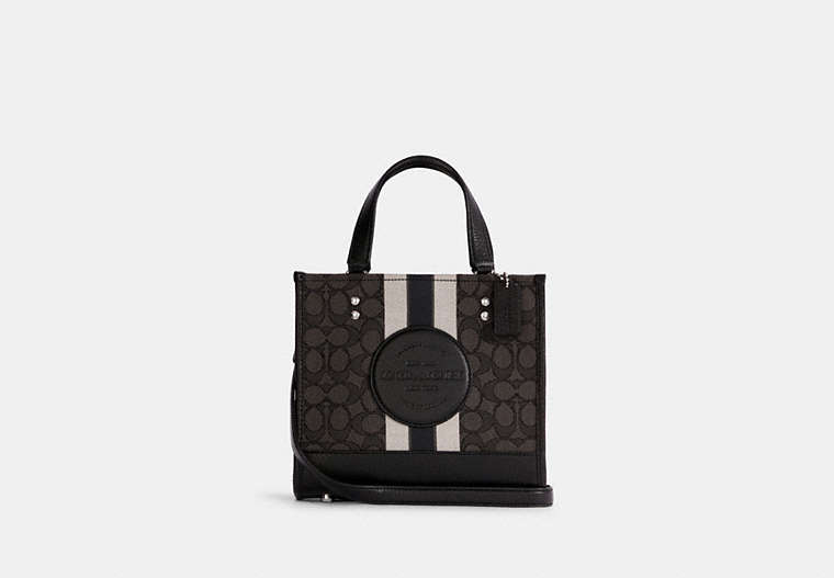 COACH®,DEMPSEY TOTE 22 IN SIGNATURE JACQUARD WITH STRIPE AND COACH PATCH,Jacquard/Leather,Medium,Silver/Black Smoke Black Multi,Front View