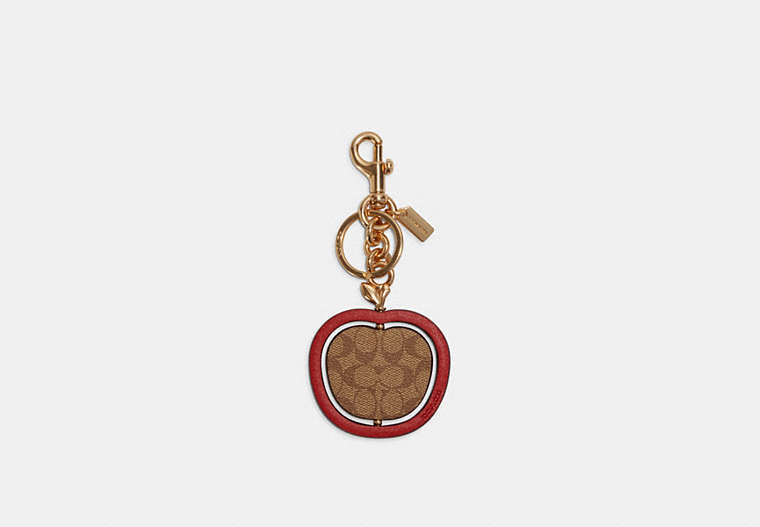 COACH®,SPINNING APPLE BAG CHARM IN SIGNATURE CANVAS,Leather,Gold/Chestnut/Khaki Red,Front View