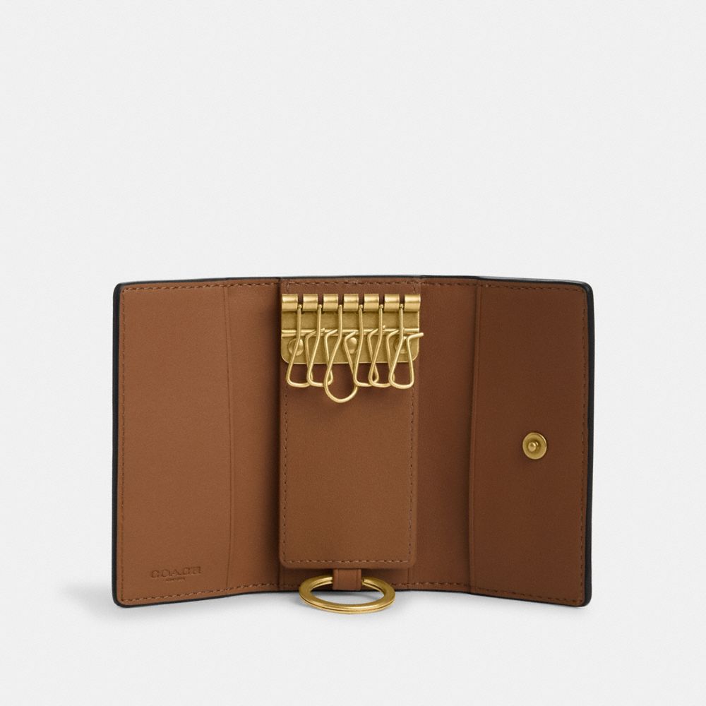 COACH®,Six Ring Key Case With Antique Floral Print,Leather,Continental,Key Chain,Metal,Logo,Key Ring,Casual,Cream,Inside View,Top View