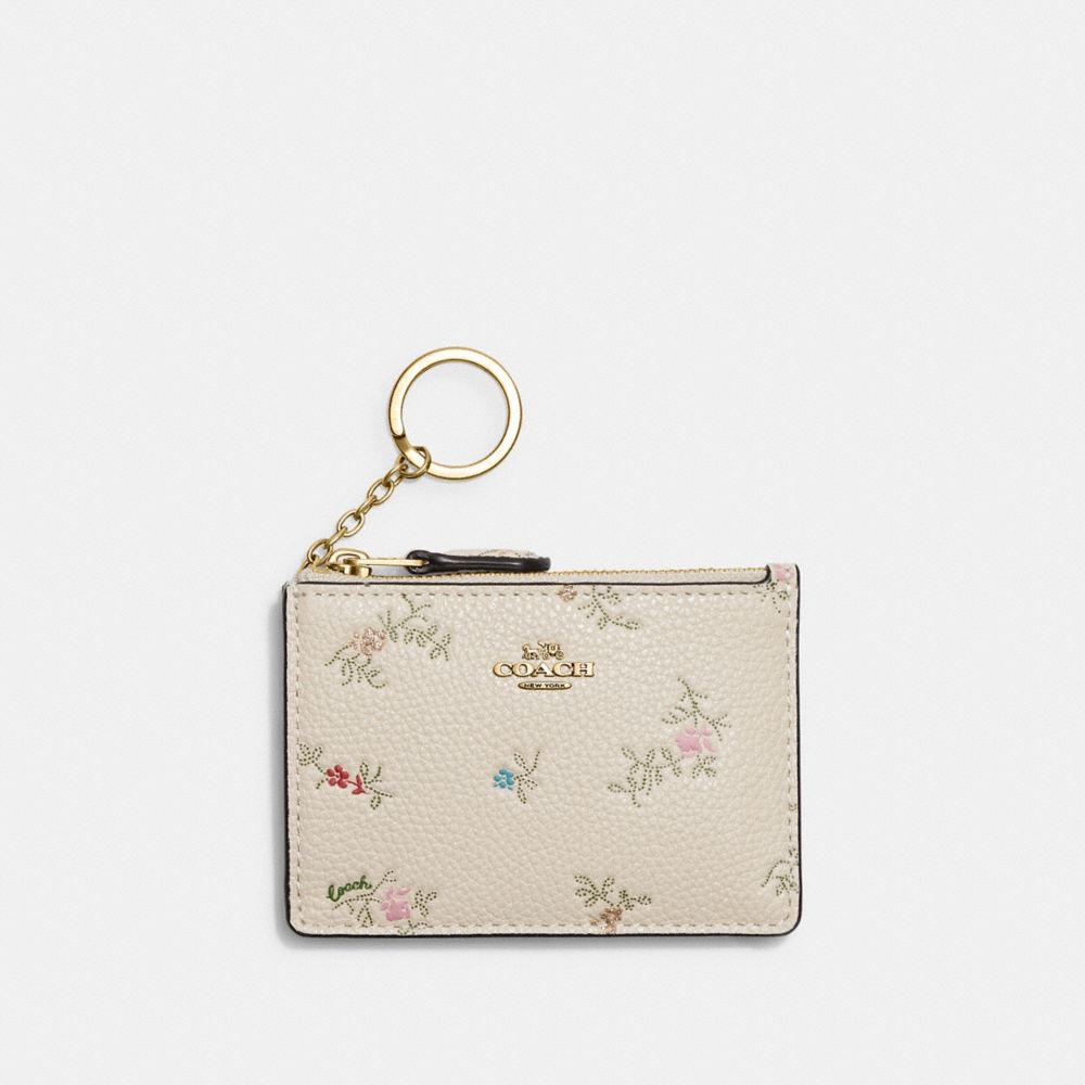 NWT Coach Brown Floral Print Leather Mini I.D. Skinny Card Wallet With Key  Ring