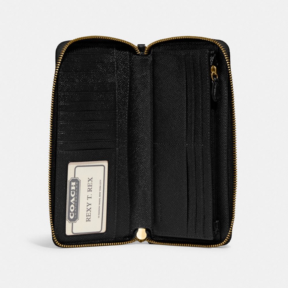 COACH®,Continental Wallet,Leather,Bi Fold,Wristlet,Continental,Logo,Metal,Scratch Resistant,Gold Metal,Casual,Black,Inside View,Top View